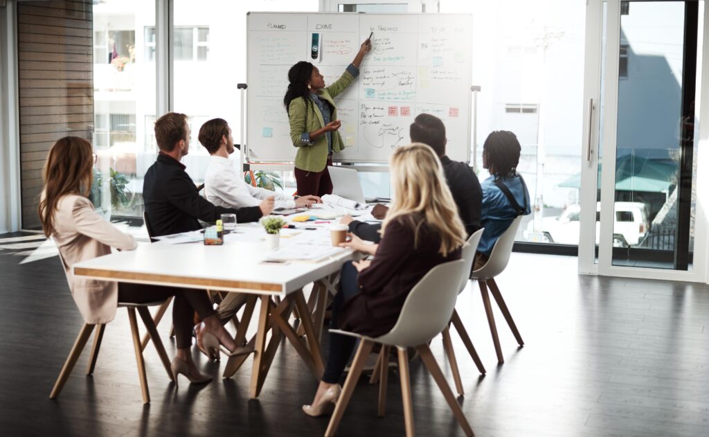 group of manager sitting around wooden table, all looking at woman writing on whiteboard, on whiteboard is outline of plan with headings 'planned' 'done' 'to do', most of the writing is illegible