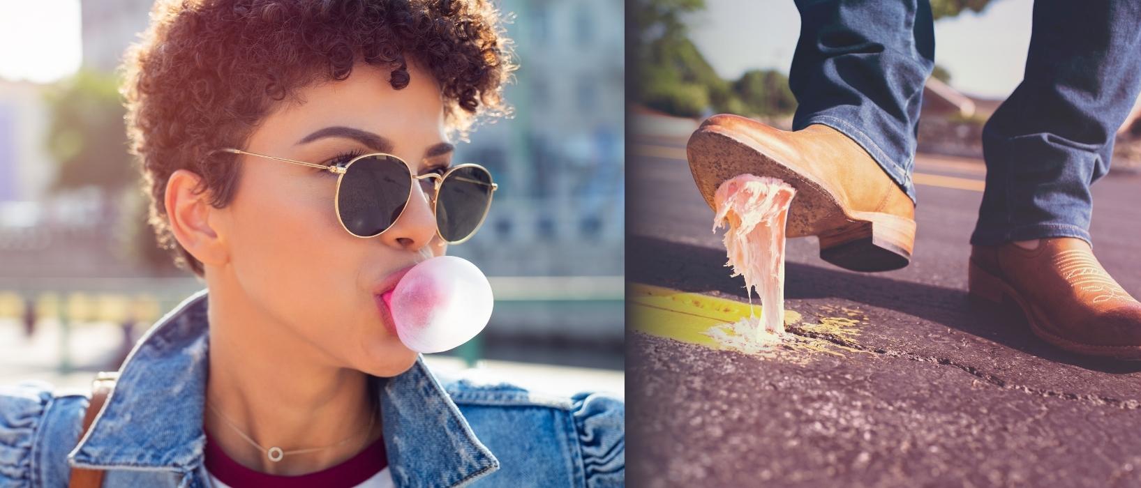 two images: one of person chewing gum next to someone's shoes stepping in gum on the street