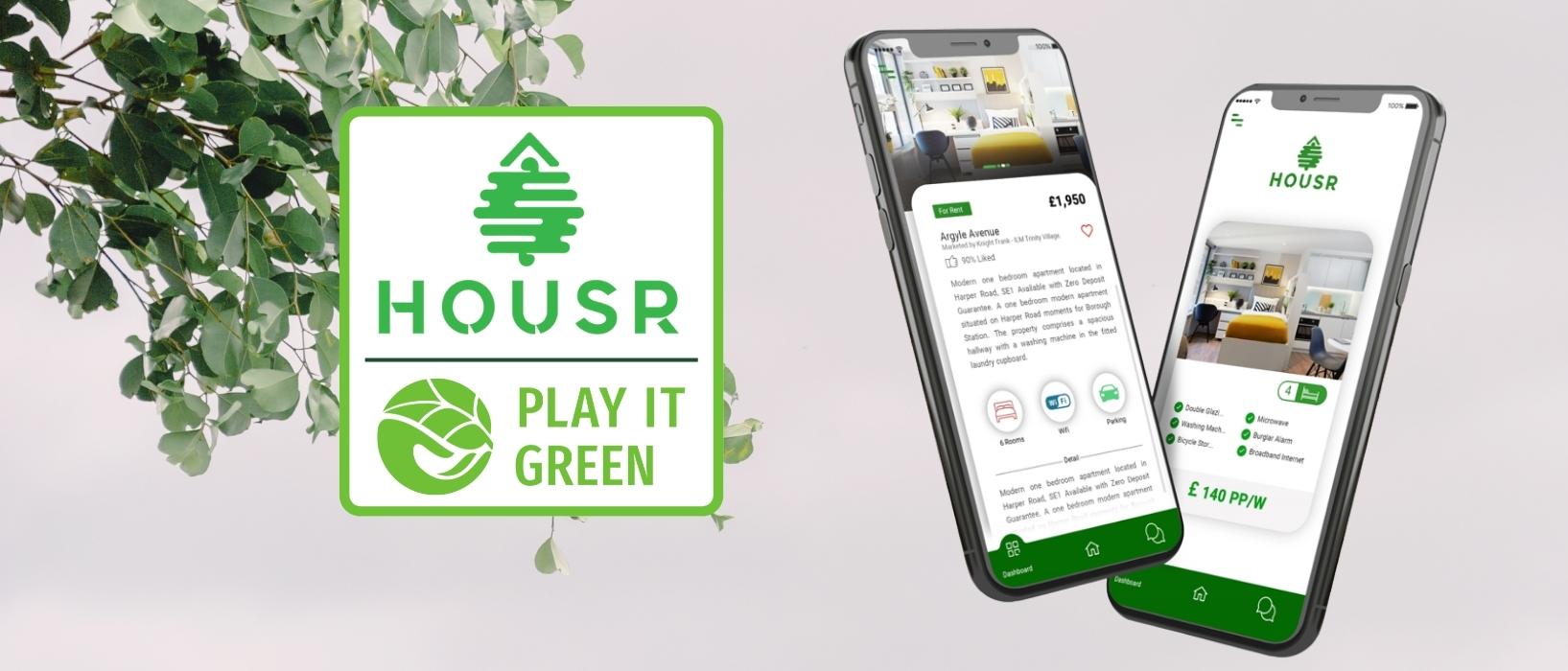 housr and play it green logo with smart phone with house app open