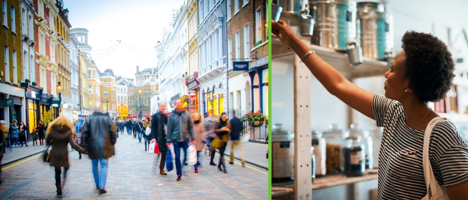 shoppers on high street, woman reaching for item on shelf