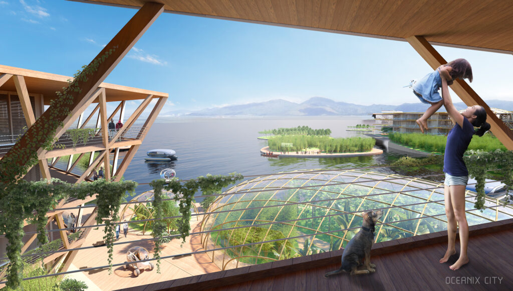 woman, child, and dog in floating city homestead overlooking greenhouses on ocean