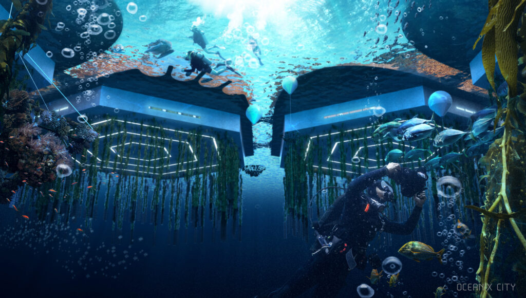 underwater view of OCEANIX city with farming scuba diver