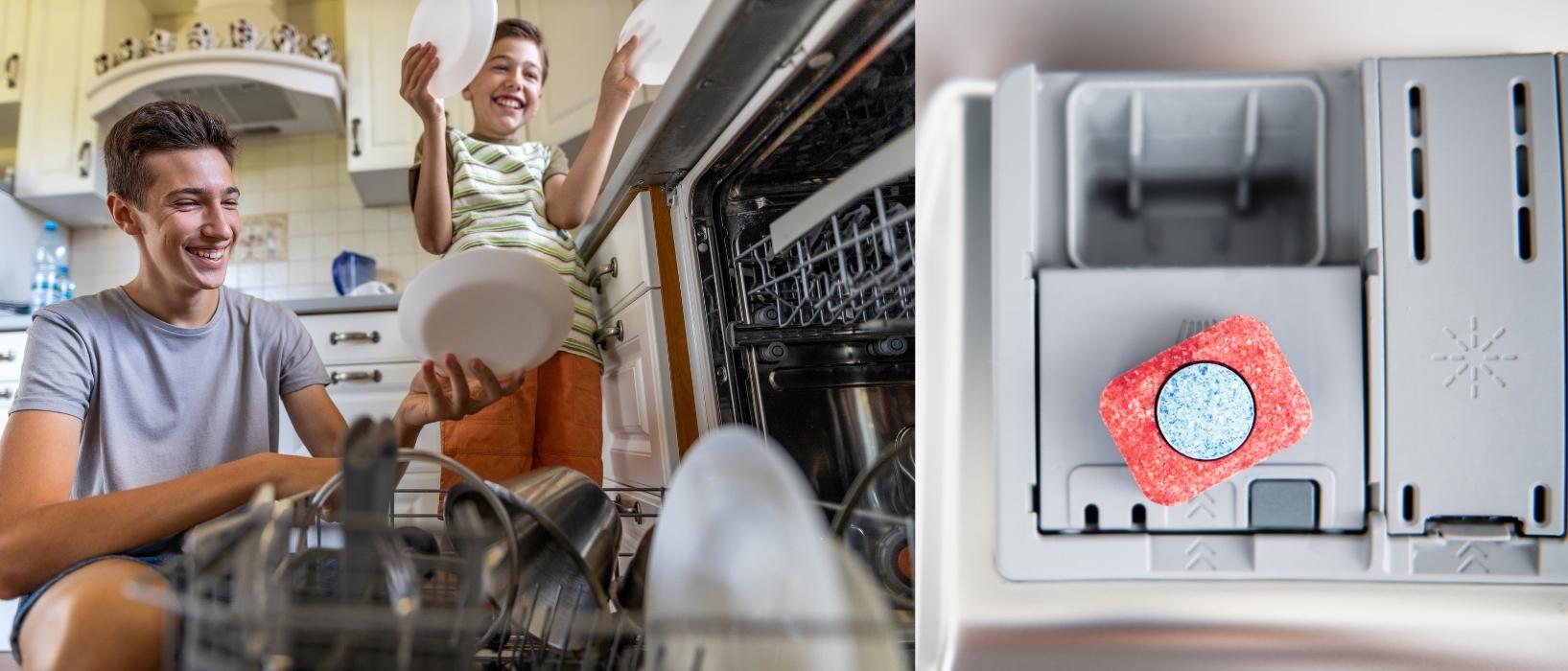 kids loading dishwasher next to image of dishwasher tablet being put in